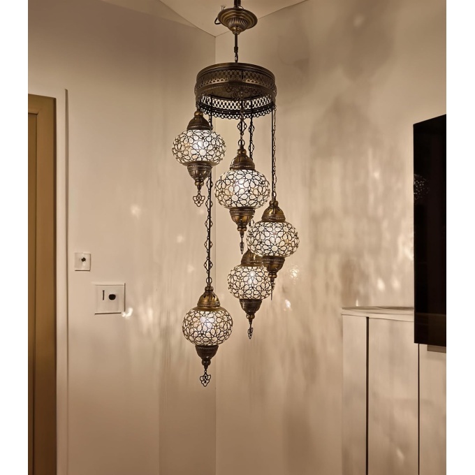 Elif 5 Globe Hanging Turkish Lamp - Handmade Mediterranean Light Fixture in Warm White - Image 3