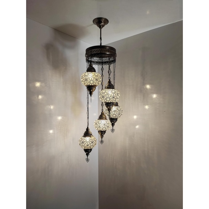 Elif 5 Globe Hanging Turkish Lamp - Handmade Mediterranean Light Fixture in Warm White - Image 5