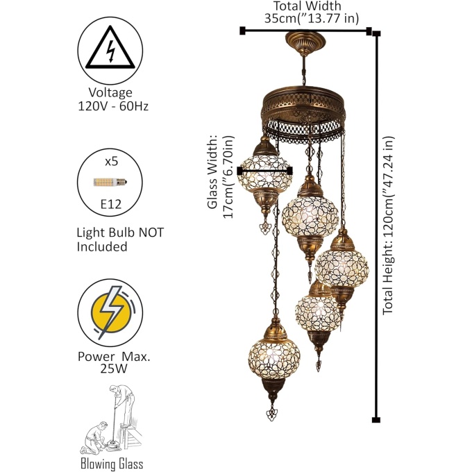 Elif 5 Globe Hanging Turkish Lamp - Handmade Mediterranean Light Fixture in Warm White - Image 2