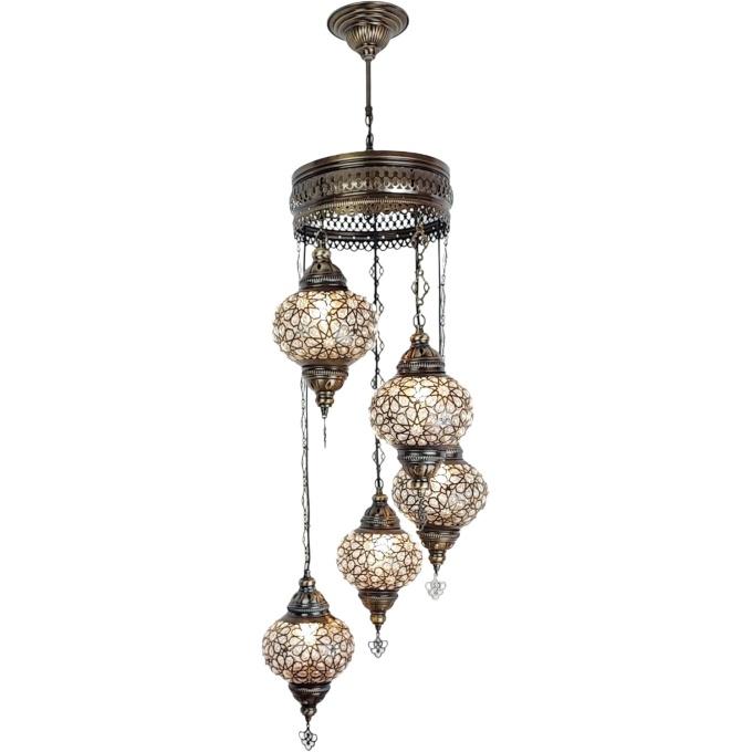 Elif 5 Globe Hanging Turkish Lamp - Handmade Mediterranean Light Fixture in Warm White