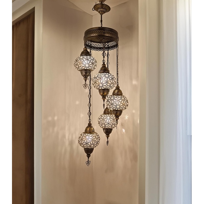 Elif 5 Globe Hanging Turkish Lamp - Handmade Mediterranean Light Fixture in Warm White - Image 7