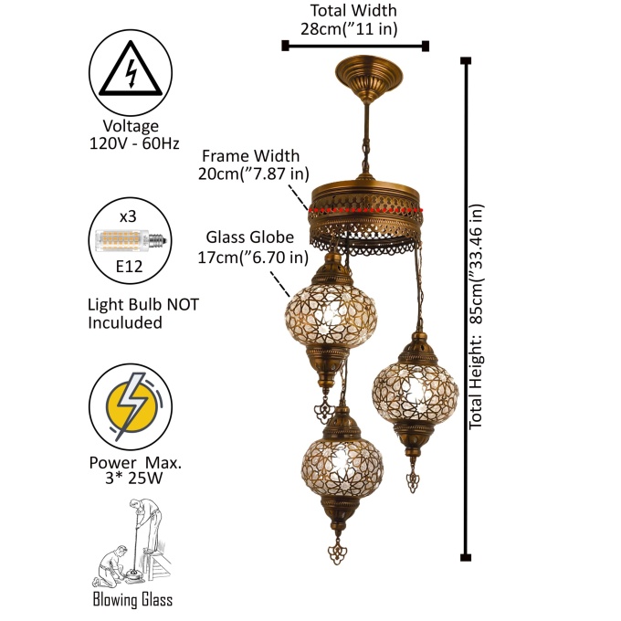 Elif 3 Globe Turkish Hanging Lamp - Handcrafted Mediterranean & Moroccan Lighting in Warm White - Image 6