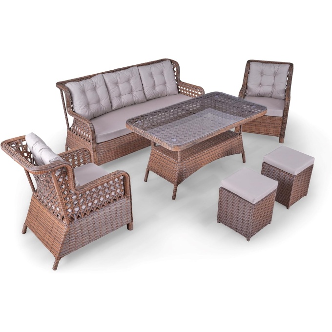 Elegance Elegant Rattan Patio Furniture Set – Weather-Resistant Garden Set with Triple Armchair, Single Armchairs, Table, and Stools