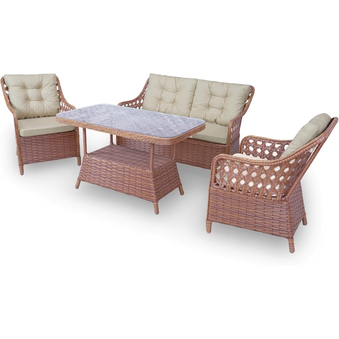 Shira Rattan Outdoor Furniture Set – Stylish Garden and Patio Set with Glass Table, Double Armchair, and 2 Single Armchairs, Conversation Sets Best for Yard, Pool or Backyard, Brown